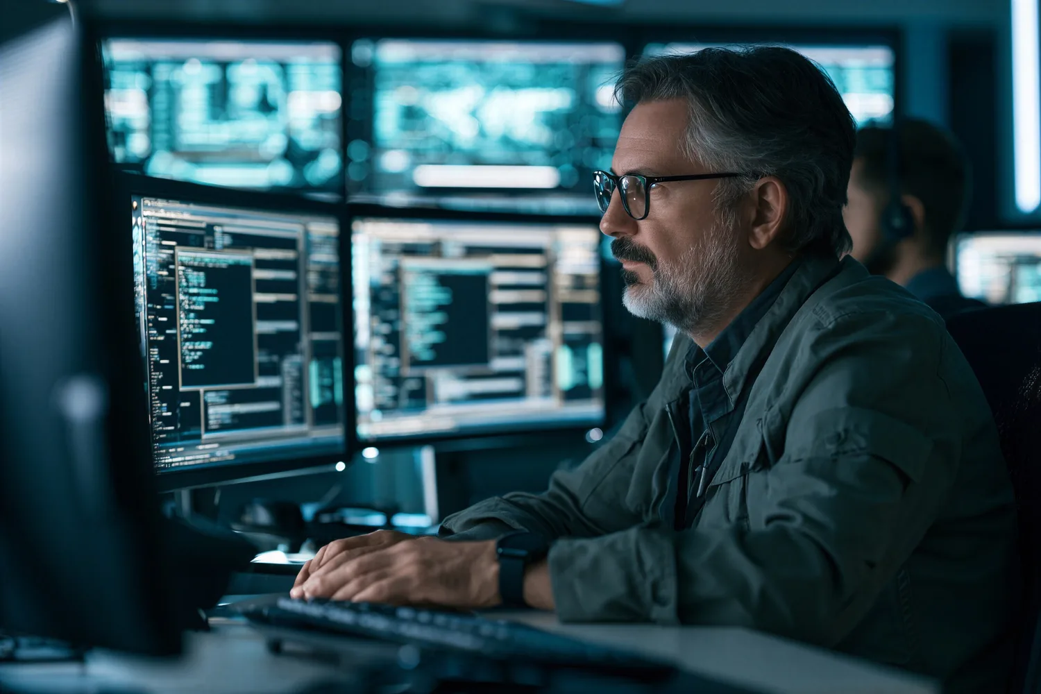 IT professional monitoring business systems and cybersecurity