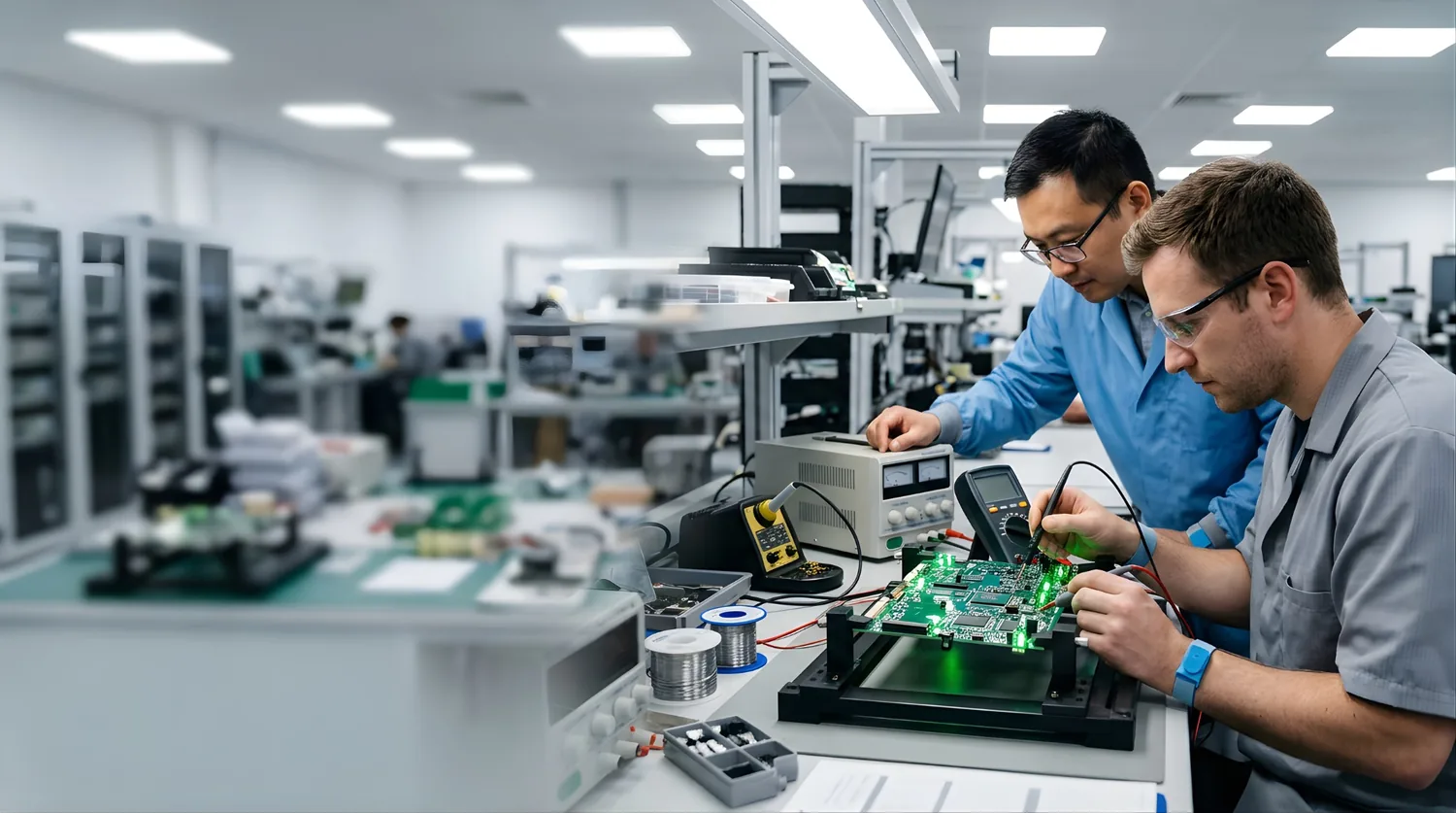 Technicians diagnosing and repairing electronic computer hardware