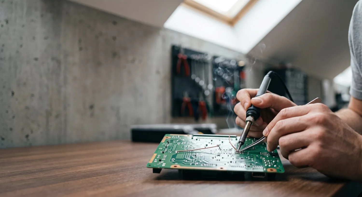 Close-up component-level electronic repair and soldering